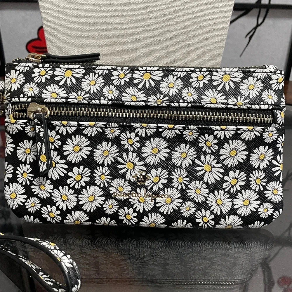 Nanette Lepore Black Daisy Print Wristlet Clutch with Yellow Centers